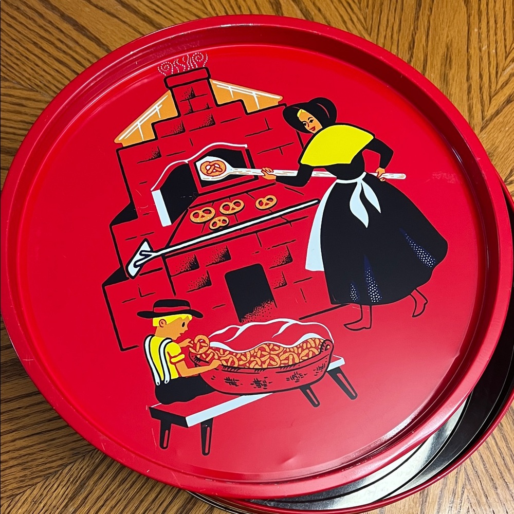 Vintage Pennsylvania Dutch  Red Decorative Tin with Black and Gold Accents